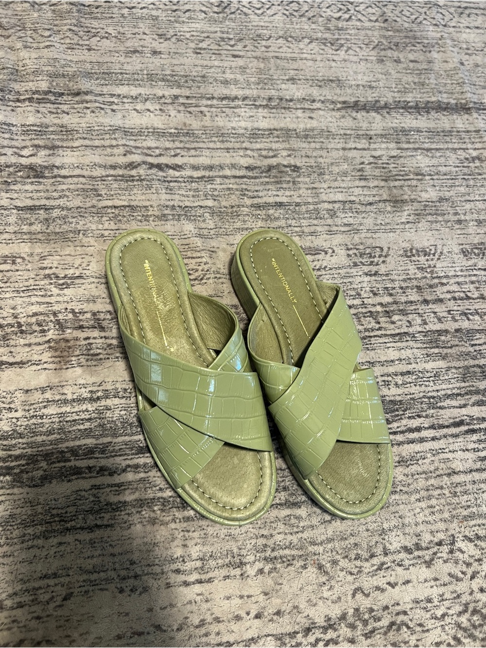 INTENTIONALLY BLANK Light Green Croc-Embossed Block Heel Sandals